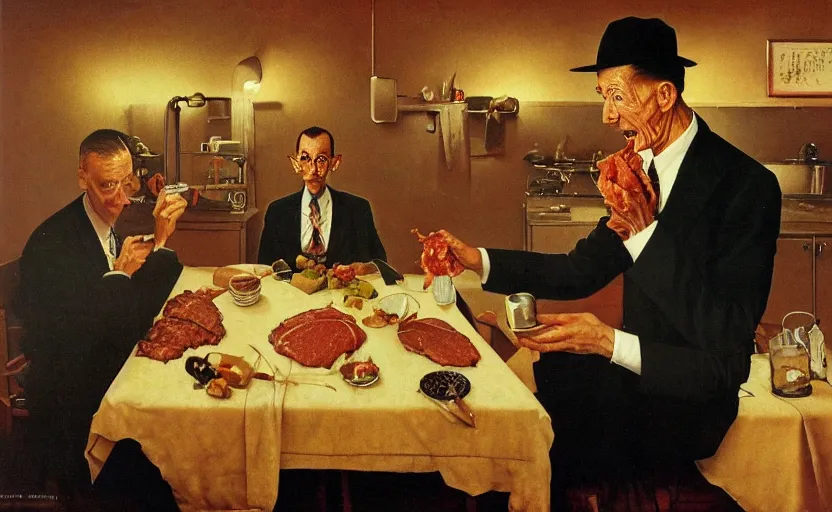 Image similar to a thin man wearing a suit screams at a bowl of meat on a table in a dark kitchen lit by a single bulb, painted by rick berry and norman rockwell and zdzislaw beksinski, highly detailed