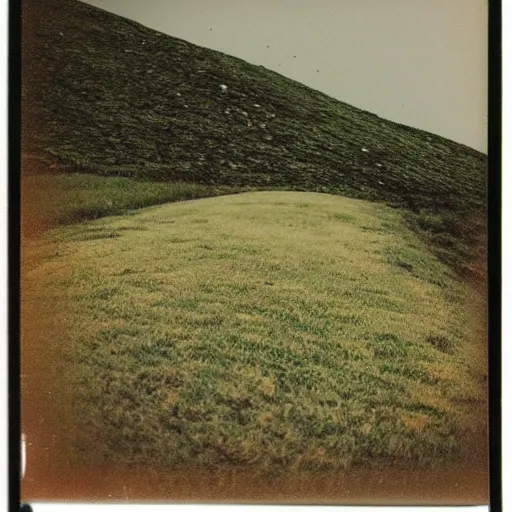 Prompt: polaroid photo!!! of a empty steep grass hill, flash photography, at night, uncanny photo, colored photograph