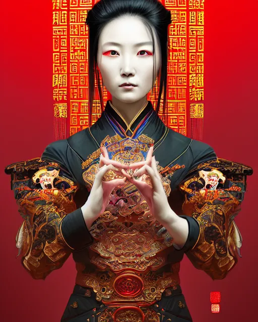 Image similar to portrait of a chinese cyberpunk machine, machine face, arms, upper half portrait, decorated with chinese opera motifs, regal, asian, fine china, wuxia, traditional chinese art intricate intense elegant 京 剧 highly detailed digital painting artstation concept art smooth sharp focus illustration, art by artgerm and greg rutkowski alphonse mucha 8 k