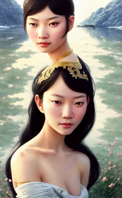 Image similar to a beautiful young charming asian goddess with sundress + jewelry + shinny eyes | | winter, symmetric, realistic shaded, unpleasant face, good looking, fine details, dior, lv, realistic shaded lighting poster by greg rutkowski, macoto takahashi, magali villeneuve, artgerm, jeremy lipkin and michael garmash