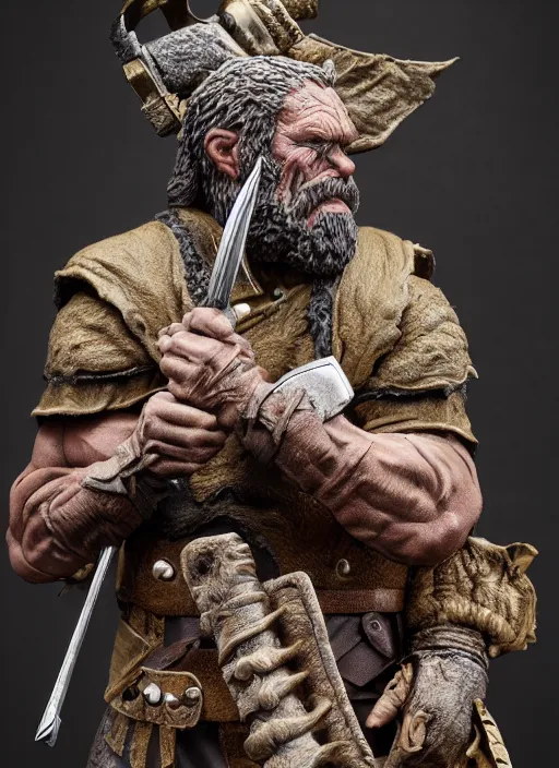 Image similar to 8 5 mm f 1. 8 photograph of a claymation sculpture warrior dwarf, highly detailed sculpey diorama, by erwin olaf, smooth, sharp foccus, commercial photography, fashion shoot