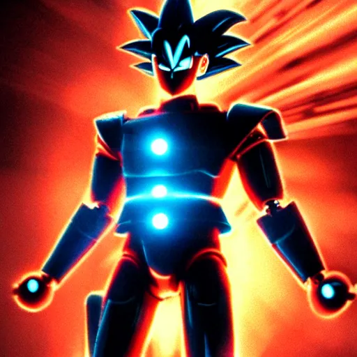 Image similar to movie still of robot goku, cinematic composition, cinematic light, criterion collection, by wes craven