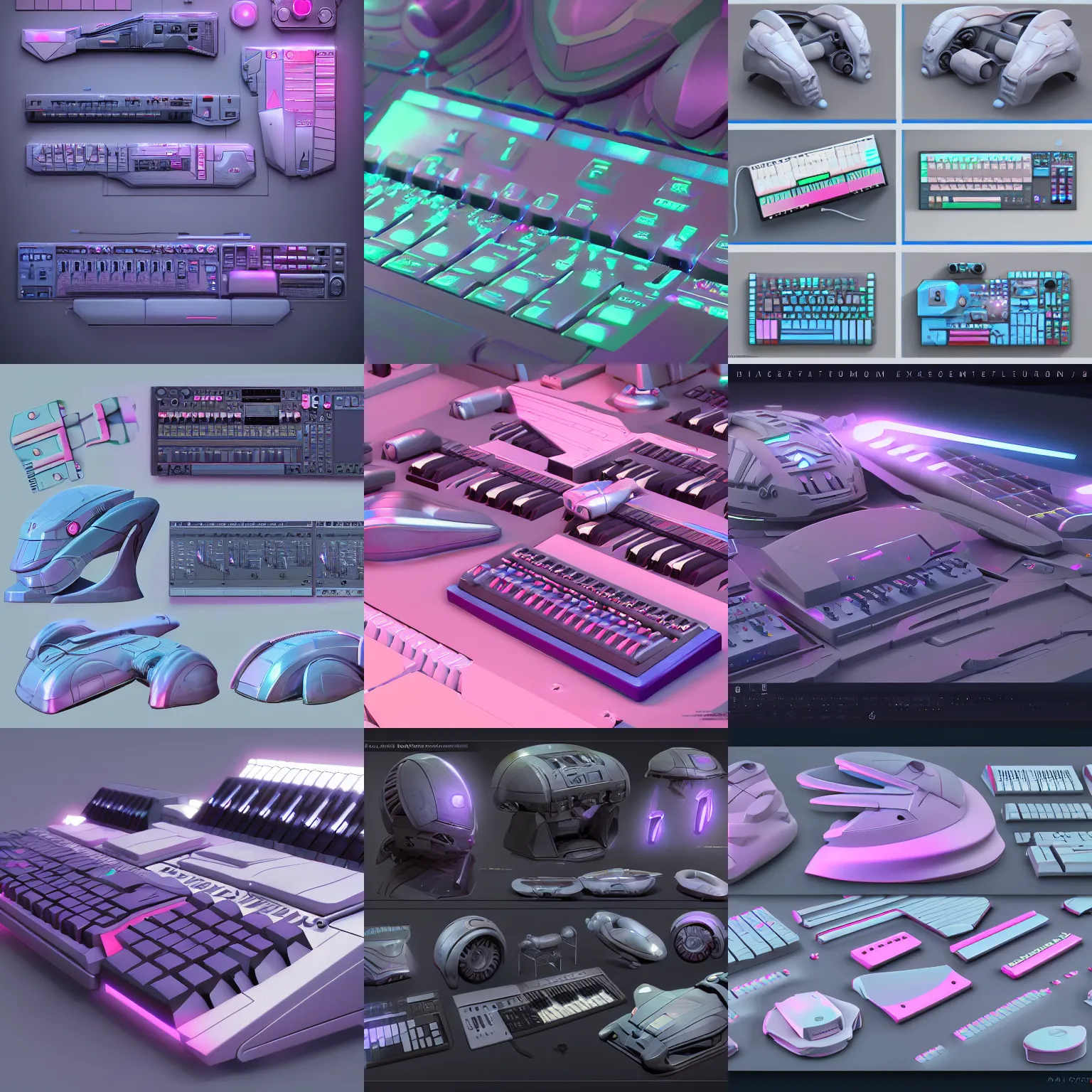 Prompt: Hard Surface Shape Form Exploration, Detailed, artstation, 8k, pastel colors, props, panel, concept, keyboard synthesizer, instrument, keyboard workstation, futuristic, greeble, collection, parts,