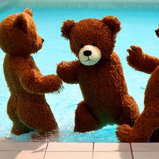 Image similar to teddybears playing in the pool, 8k