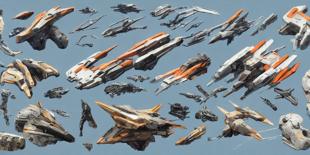 Image similar to Futuristic sci-fi props and gadget, hard surface, collection ,kitbash, parts, artstation, 8k, Shape and form, in watercolor gouache detailed paintings , hull, elite dangerous, star citizen , modular, pieces, big medium small, golden ratio, moebius, close up, form and shape exploration, in watercolor gouache detailed paintings