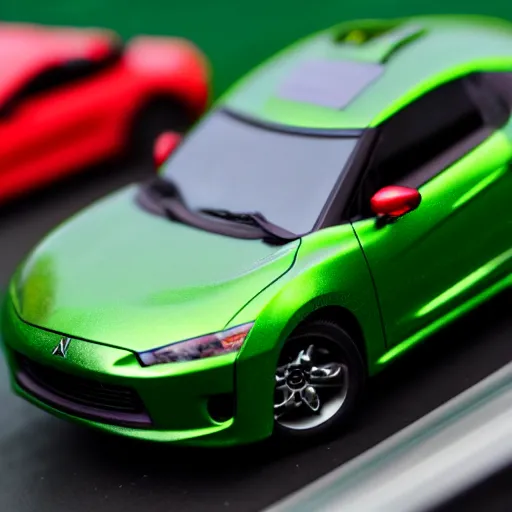 Image similar to a redhead woman driving a Jada toys mitsubishi eclipse green diecast car, high resolution macro photo, viewed through the cars window