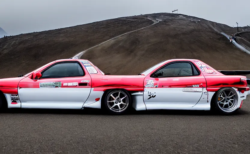 Image similar to a stylistic photo of a modified rx 7 in mount fuji early in the morning | jdm | japanese