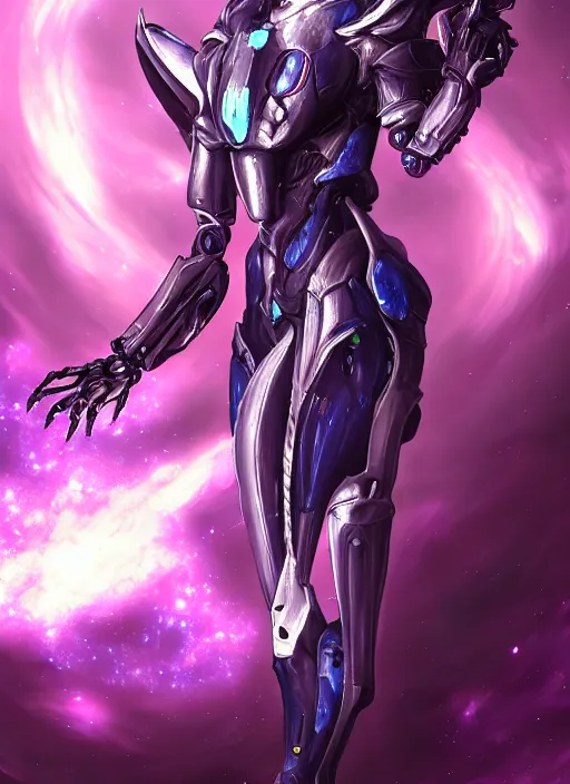Image similar to cinematic shot, bust, cosmic sized perfectly proportioned stunning beautiful hot female warframe, robot mecha female dragon head, silver armor, fuschia leds, floating in empty space, nebula sized, holding a galaxy, epic proportions, epic size, epic scale, furry art, dragon art, giantess art, warframe fanart, furaffinity, deviantart