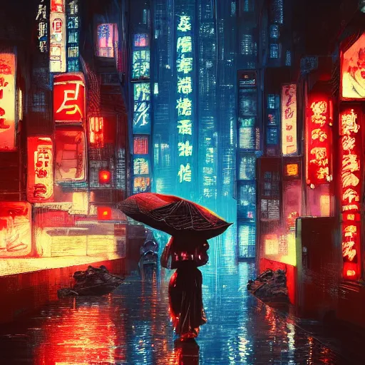 Image similar to high detailed geisha in a cyberpunk rainy city at night with a torii in the background by , high quality, 4K, UHD, trending on ArtStation, blade runner vibes, ghost in the shell