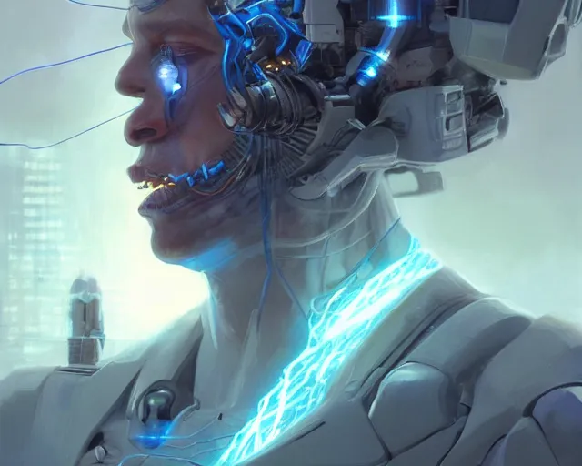 Image similar to a hyperrealistic painting of a human cyborg with cables coming out from his limbs connected to supercomputers, flood of images flowing from his head, tesseract, by greg rutkowski, artgerm, yakihiko yoshida and beeple, trending on artstation, concept art, insane details, zoomed out