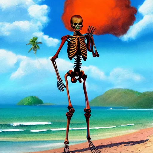 Image similar to Beautiful digital painting portrait of relaxed skeleton walking on the tropical beach with nuclear bomb explosion in the background, by James Gurney, high quality, trending on Artstation, realistic, tropical color scheme, anatomically correct skeleton, high coherence, clear blue sky