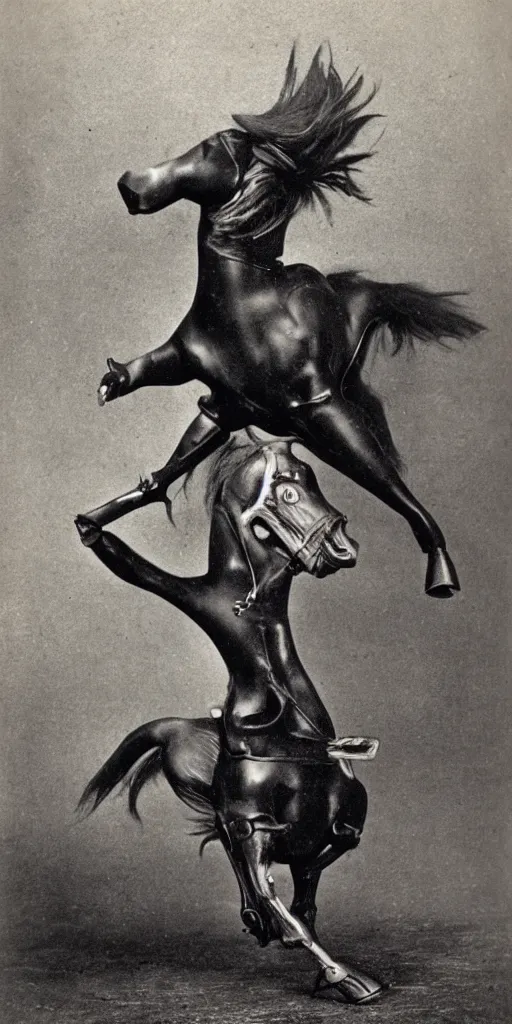 Prompt: [ t rex ] and a horse with high heels, movement, metal, black and white, photograph, 1 8 5 0 s