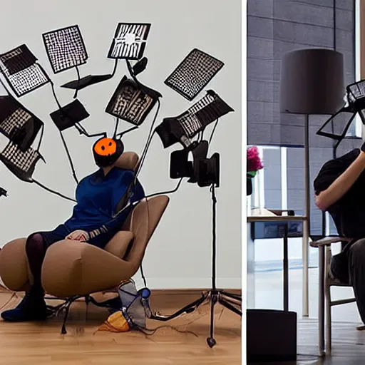 Image similar to a person wakes up sitting on a chair with things attached to his head like a mind reader, screens in front of him playing videos