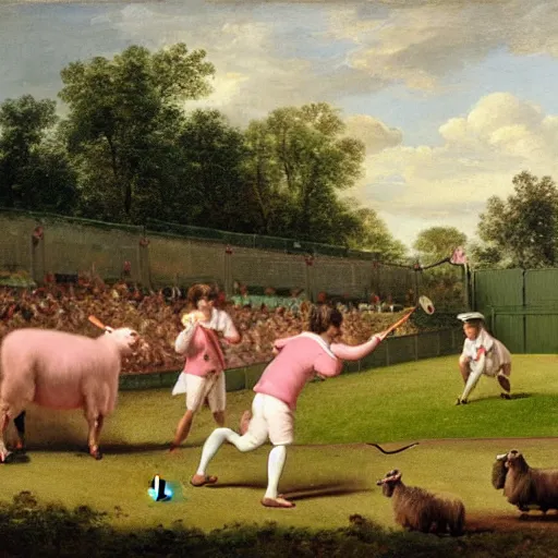 Prompt: two pink sheep playing tennis at wimbledon on a grass court, the sheep are wearing white shorts and a white polo, the crowd is cheering, oil painting, 1 8 5 0