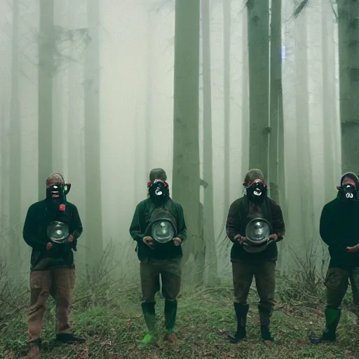 Image similar to high realistic photo portrait group of men with gas masks in a foggy forest, cinestill 800t 35mm, heavy grain, high quality