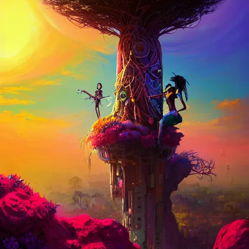 Image similar to an exotic african cyberpunk woman with colorful dreadlocks sitting on a cliff overlooking a field of colorful flowers with a giant glowing baobab tree in the middle, it is sunset, by greg rutkowski and android jones and Alena Aenami in a surreal cyberpunk! style, oil on canvas, 8k hd,