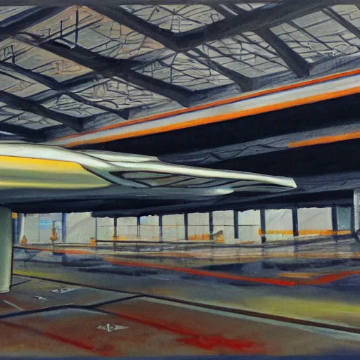 Prompt: painting of a scifi hangar in newyork with spaceships, greg rutowski