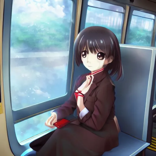 Image similar to portrait of the lone girl sitting in train carriage, anime fantasy illustration by tomoyuki yamasaki, kyoto studio, madhouse, ufotable, trending on artstation