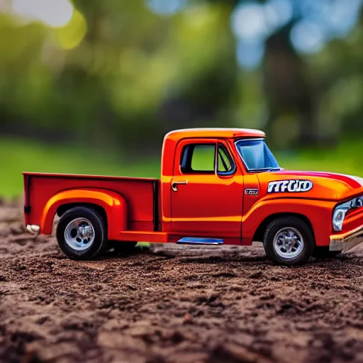 Prompt: a commercial photography of a hot wheels ford f 1 0 0 truck on a country dirt road diorama scene, cinematic lighting, product shot, detailed, hq, macro lens