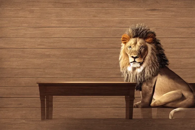 Prompt: Lion on a wooden table, cinematic, wide angle, concept art