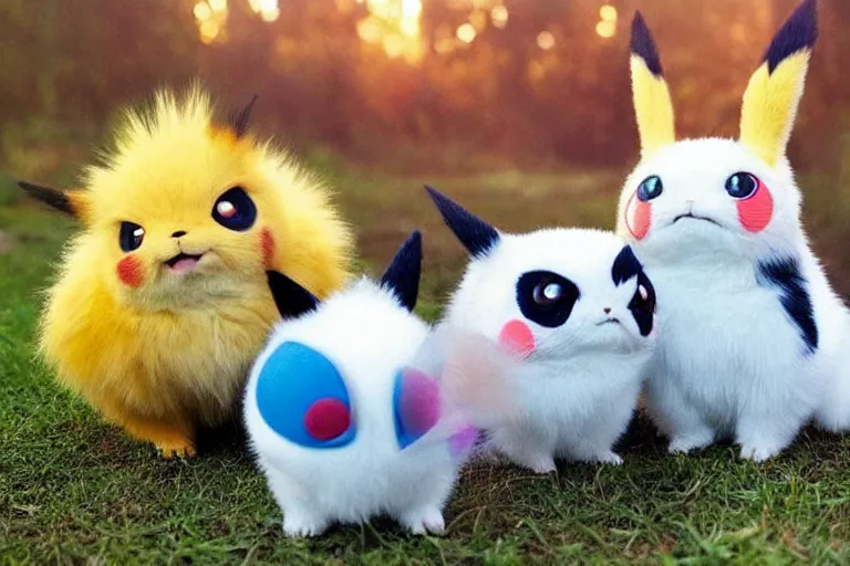 Prompt: real life pokemons, cute!!!, content!!!, mischievous!!!, adorable!!!, fluffy!!!, ultra realistic!!!, golden hour, sharp focus