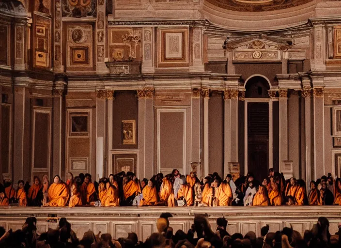 Image similar to a high resolution photograph of sunn o ) ) ) playing live at the vatican with monk robes, smoke machines, huge walls of amplifiers, many amplifiers stacked high, ornate