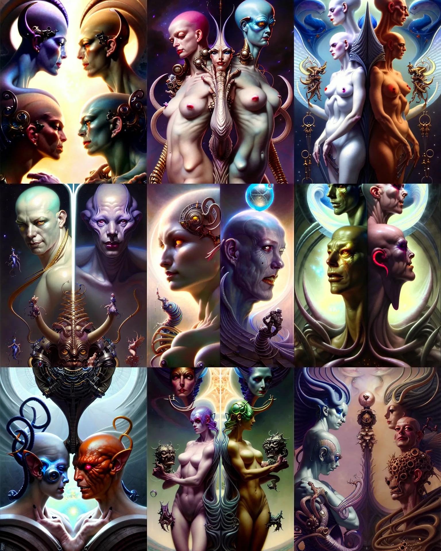 Image similar to beautiful gemini good and evil, happy and sad faces, fantasy character portrait, ultra realistic, wide angle, intricate details, the fifth element artifacts, highly detailed by peter mohrbacher, boris vallejo, hajime sorayama, wayne barlowe, aaron horkey, gaston bussiere, craig mullins