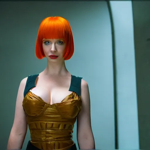 Image similar to a young Christina Hendricks dressed like lilu from the fifth element. Full frontal photography, bare, highly detailed, film still, looking at camera, symmetrical, Zeiss Lens, Octane Render, 8k resolution redshift