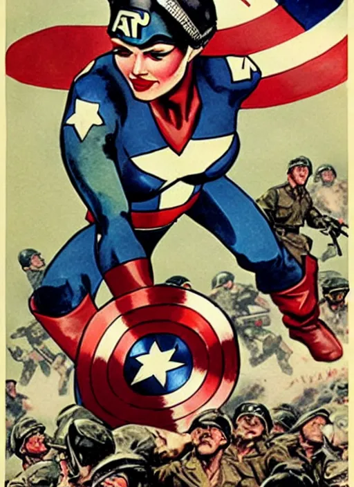 Prompt: beautiful female captain america standing on a pile of defeated and beaten german soldiers. feminist captain america wins wwii. american wwii propaganda poster by james gurney. gorgeous face. overwatch