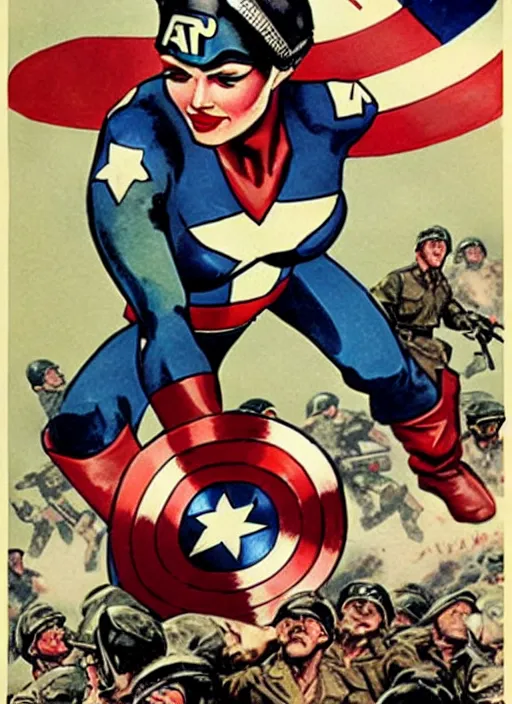 Image similar to beautiful female captain america standing on a pile of defeated and beaten german soldiers. feminist captain america wins wwii. american wwii propaganda poster by james gurney. gorgeous face. overwatch