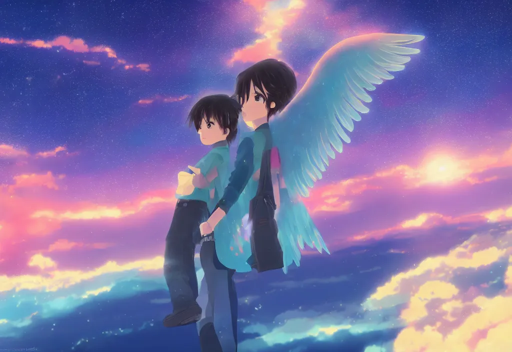 Prompt: breathtaking digital painting of the sky of kimi no na wa with hatsune miku angel, by celestialfang, ghibli, pastel colors and shooting stars in northern light love, lovers under skies