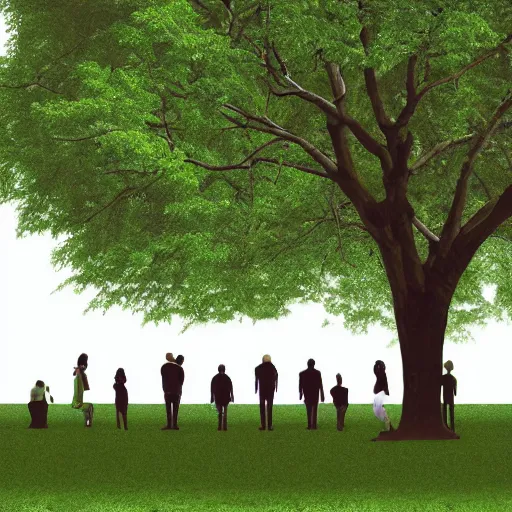 Image similar to a group of people in a park staring up at a gigantic tree, professional monochromatic artwork