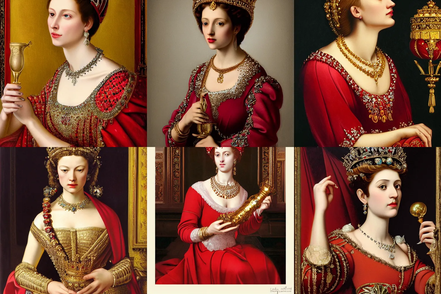 Image similar to A extremely highly detailed majestic hi-res beautiful head and shoulders painting of a beautiful woman wearing a long royal red silk dress, the crown jewels is on her head and she is holding a golden goblet and around her neck is a ornate golden necklace decorated with diamonds and rupees by Michelangelo Merisi da Caravaggio, high detail, hyperrealistic, photorealistic, octante render, cinematic, high textures, royaltly, royal, hyper sharp, 4k insanely detailed and intricate, hypermaximalist, 8k, hyper realistic, super detailed, 4k HDR hyper realistic high,