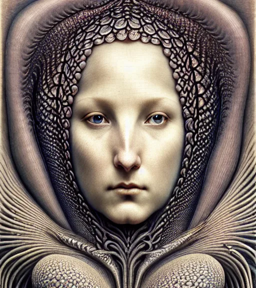 Image similar to detailed realistic beautiful shark goddess face portrait by jean delville, gustave dore, iris van herpen and marco mazzoni, art forms of nature by ernst haeckel, art nouveau, symbolist, visionary, gothic, neo - gothic, pre - raphaelite, fractal lace, intricate alien botanicals, ai biodiversity, surreality, hyperdetailed ultrasharp octane render