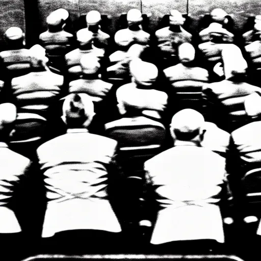 Image similar to The minions minions minions at the Nuremberg trials, monochrome, very low contrast, noise