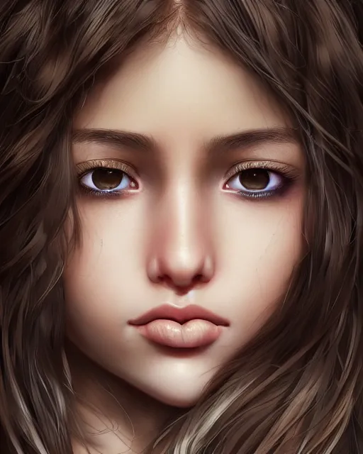 Prompt: 1 5 - year old girl with lush frizzy untamable brown hair, large front teeth, and bright piercing brown eyes, hyper realistic face, beautiful eyes, character art, art by artgerm lau and wlop and and ilya kuvshinov and john singer sargent, hyperdetailed, symmetrical, cryengine, trending on artstation, digital art