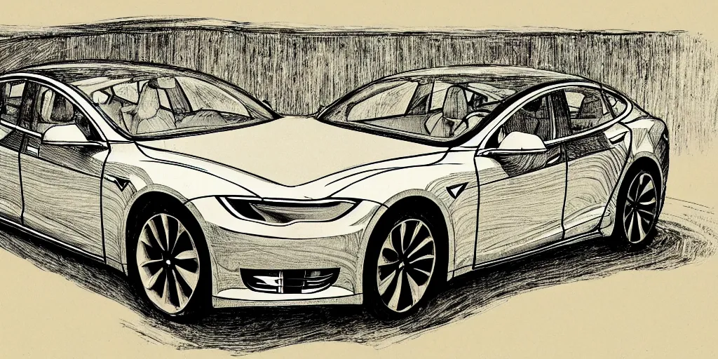 Prompt: tesla model s, yellowed paper, pen and ink, 1 5 0 0 s, 8 k resolution