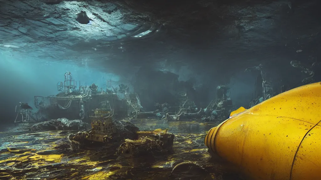 Image similar to a photorealistic dramatic hyperrealistic underwater render of an deep sea habitat, ultra realistic details, glossy yellow, well worn, rust, oil stains designed by vitaly bulgarov and mike nash, beautiful dramatic dark moody tones and lighting, cinematic atmosphere, global illumination, shadows, dark background, octane render, 8 k