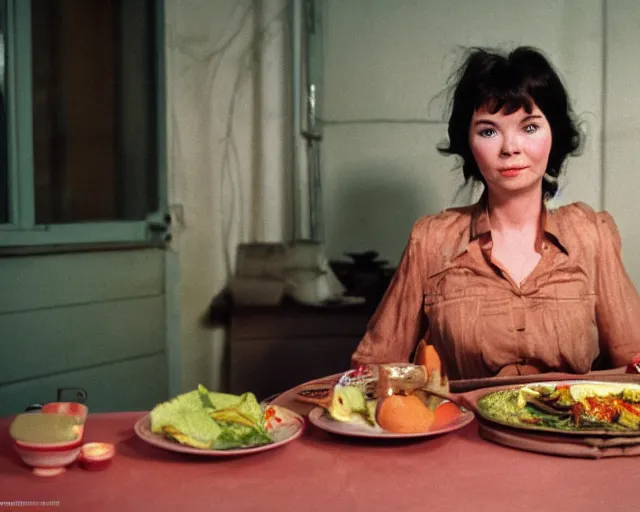 Prompt: 1 9 7 9 a soviet movie still a bjork sitting at a table with a plate of food in dark warm light, a character portrait by nadya rusheva, perfect symmetric coherent face, featured on cg society, neo - fauvism, movie still, 8 k, fauvism, cinestill, bokeh, gelios lens