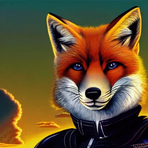 Prompt: a portrait of fox mccloud by peter elson, furry art : he is looking to the side, profile, with a sci fi city background by syd dutton