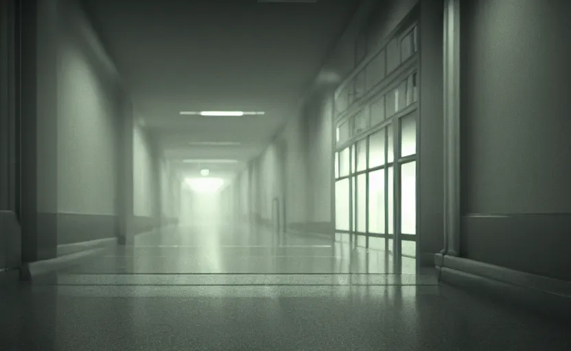 Image similar to hspital hallway, gloomy and foggy atmosphere, octane render, artstation trending, horror scene, highly detailded