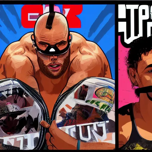 Prompt: poster art of wrestlers wearing vr headsets, gta cover, apex legends, tap out, ufc, digital illustration by sam spratt