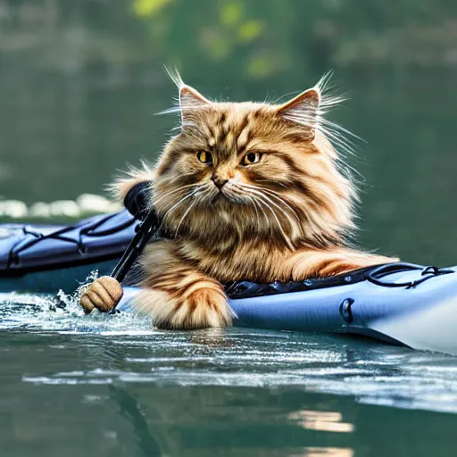 Image similar to Detailed Siberian cat kayaking in river, digital art
