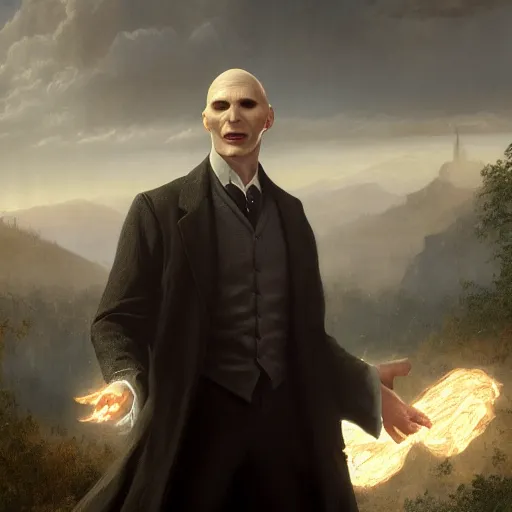 Prompt: Portrait of a voldemort casting a spell in a grand theft auto 5 loading screen , art by Albert Bierstadt and James Gurney, highly detailed, digital painting, matte painting, concept art, illustration, oppressive lighting, trending on artstation, very detailed