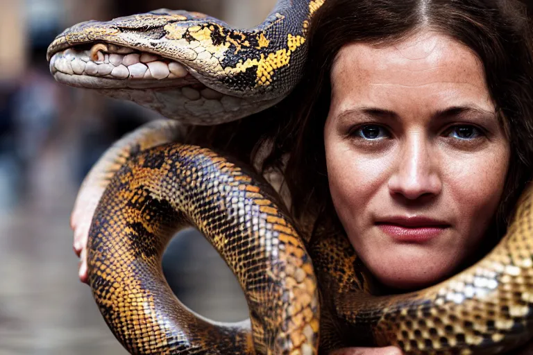 Image similar to closeup portrait of a woman carrying a python over her head in a flood in Rundle Mall in Adelaide in South Australia, photograph, natural light, sharp, detailed face, magazine, press, photo, Steve McCurry, David Lazar, Canon, Nikon, focus