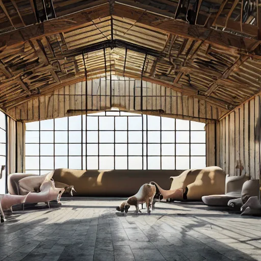 Image similar to interior view of modern futuristic farm barn architecture and interior design, lounge chairs with cows, sofas with pigs and chickens, wall art, detailed luminescent oil painting 4 k