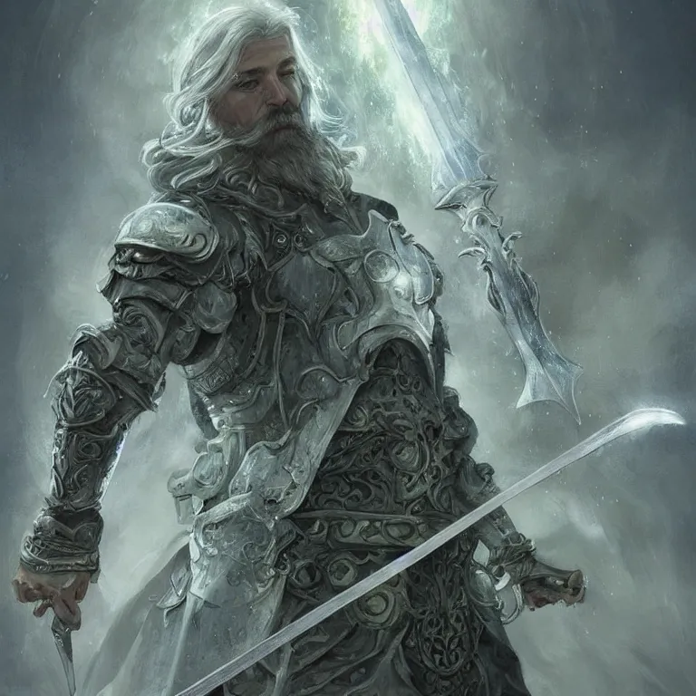 Prompt: Portrait of an Aasimar Paladin-Druid with glowing blue eyes, pale grey skin, silver full beard, and silver hair. He has a sword and wears green armor covered in moss. Epic fantasy art, award winning on Artstation, intricate, highly detailed, dramatic lighting, illustration, concept art, art by artgerm and greg rutkowski and alphonse mucha and ross tran, D&D, Dungeons and Dragons, Magic the Gathering.