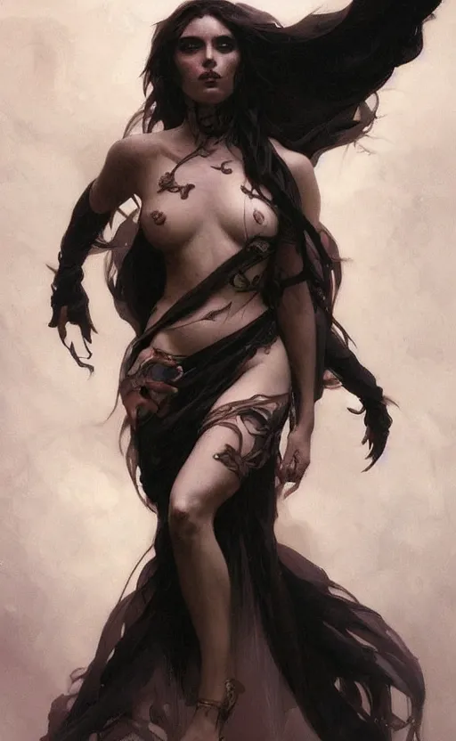 Image similar to a beautiful painting of a dark death goddess, face, full body, by greg rutkowski and artgerm and alphonse mucha, trending on artstation