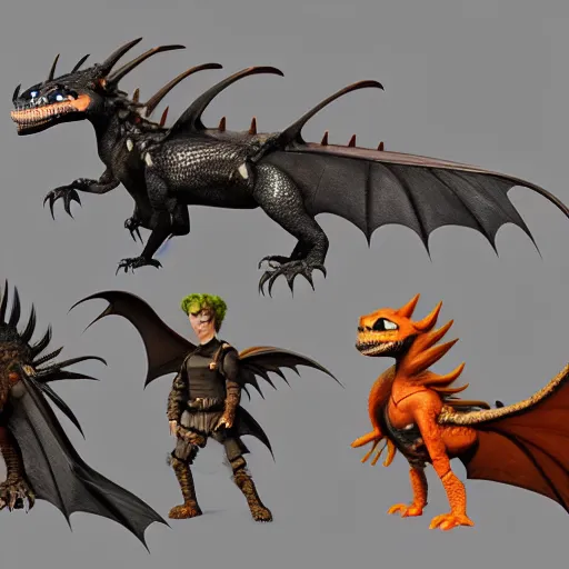 Prompt: extremely detailed, 3d render sheet dark Dragon concept artwork character design by Disney Pixar, in the style of ‘how to train your dragon’, ‘luca’, ‘raya and the last dragon’ etc, high detail, detailed feathers, textures, scales and fur, 3d render