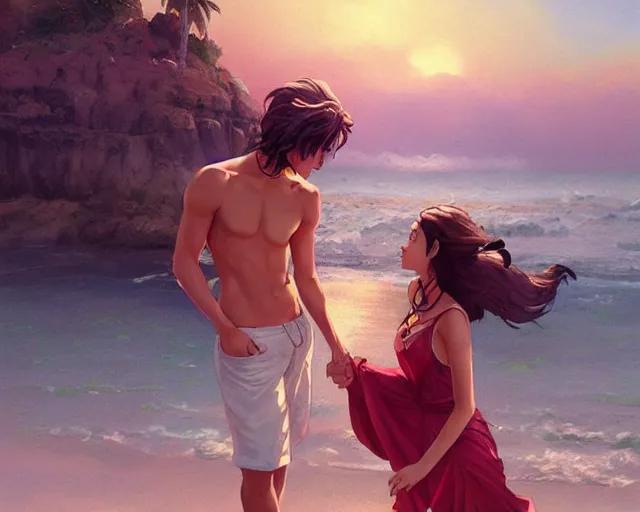 Prompt: a cinematic boy girl traditional romance moment, exploring the beach boho clothing, full body illustration,bestselling movie art poster, official media, 1970s fashion, official anime media, incredible art by artgerm and greg rutkowski and doja cat